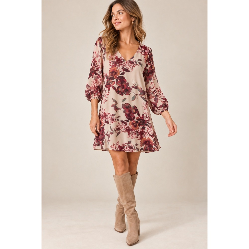 Lulus Floral Shift Dress Women XS Long Sleeve V-Neck Cream Burgundy Mini